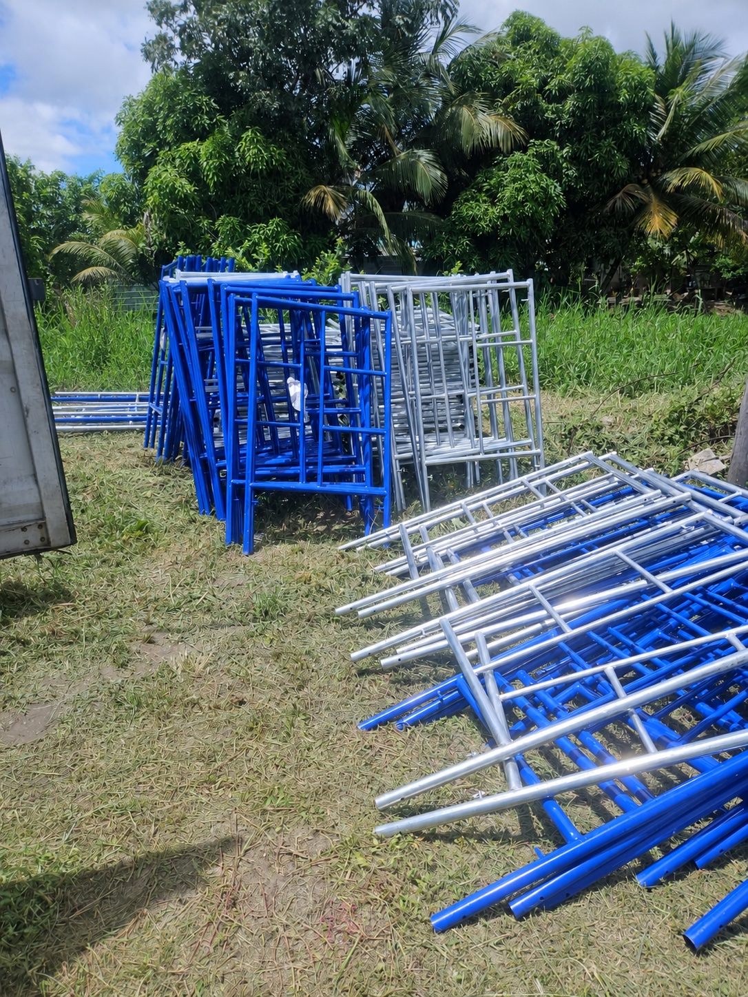 Blue and silver metal props and scaffolding available for rental